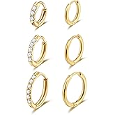 Lantine Small Gold Hoop Earrings Set for Women Men Surgical Stainless Steel Cartilage Cz Huggie Earrings 20G Daith Conch Helix First Second Third Hole Lobes Hinged Sleeper Earrings