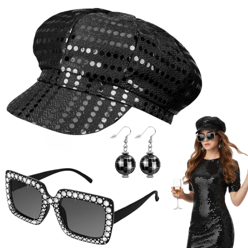 EYWILYWI 3Pcs 70s Disco Costume Set Sequin Glitter Hat, Bling Sunglasses & Earrings,Retro Abba Accessories for Women,Perfect for Theme Parties, Birthday Dances & Disco Fancy Dress (black) — image 1