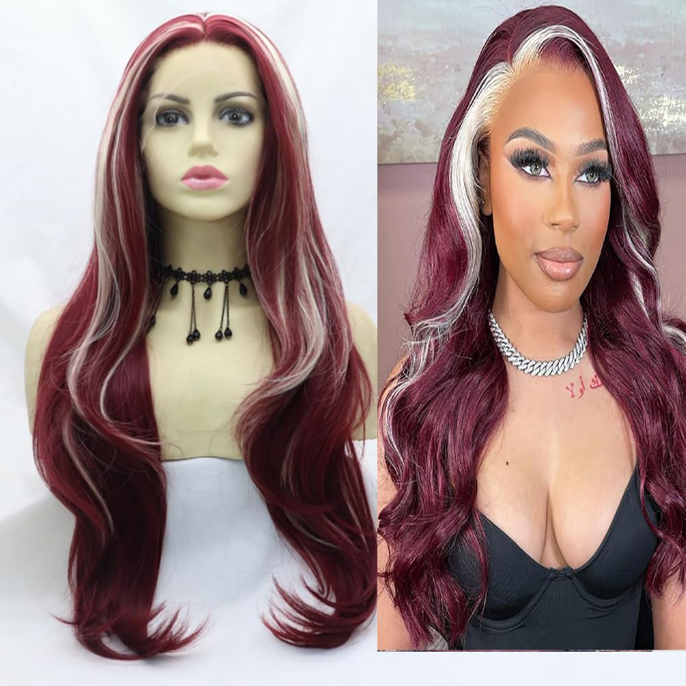 Xiweiya Highlight Blonde Mixed 99J Wine Red Lace Front Wig for Women Long Body Wave 13x3 Hand Crochet Lace Wigs Heat Resistant Fiber Glueless Matte Wine Red Skunk Stripe Wig