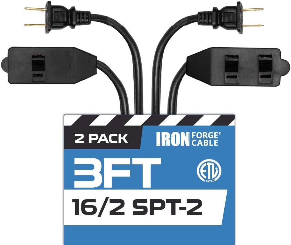 3 Ft Black Extension Cord 2 Pack - 16/2 Durable Electrical Cable - - 
