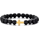 MOO&LEE Beaded Cross Bracelet for Men 8mm White and Black Bead Gold Cross Bracelets Unisex Paste Jewellery
