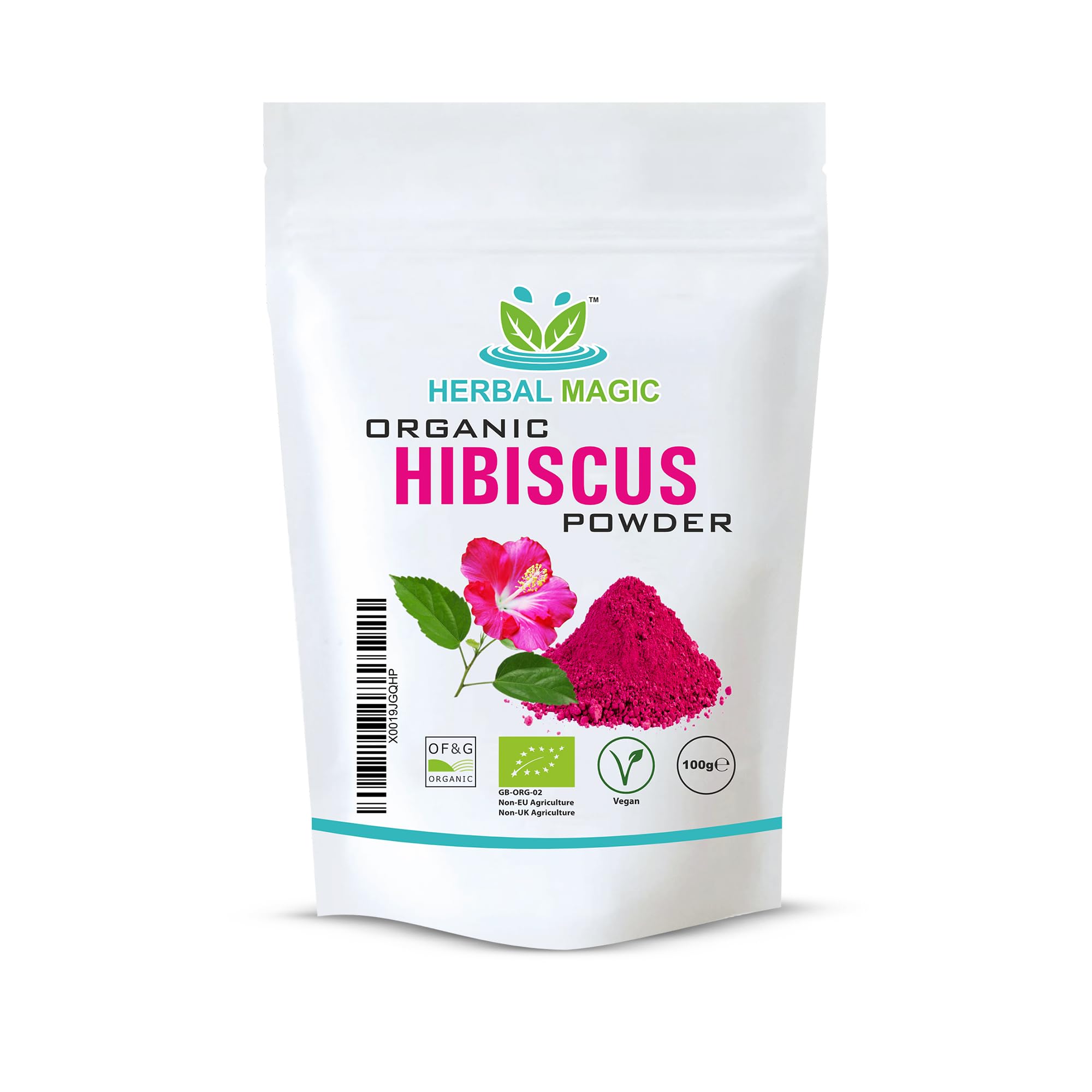 Herbal Magic's Organic Pink Hibiscus Powder - Whole Flower - Natural Face Skin Hair Mask, Sparkle Your Smoothies, Shakes, Baking -of&G UK Organic Certified- Pack 1