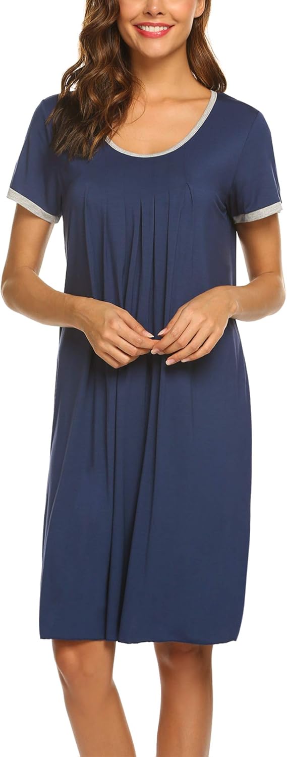 Ekouaer Women's Nightgown Short Sleeve Sleepwear Comfy Sleep Shirt Pleated Scoopneck Nightshirt S-XXL at  Women’s Clothing store
