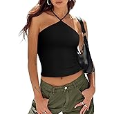 REORIA Womens Camisole Tank Tops Criss Cross Halter Top Double Lined Backless Crop Tops Y2K Vacation Outfits