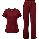 COZYFIT Scrubs for Women - Mock Wrap Top & Straight Leg Pants with 6 Pockets, Back Princess Seams, Soft Fabric