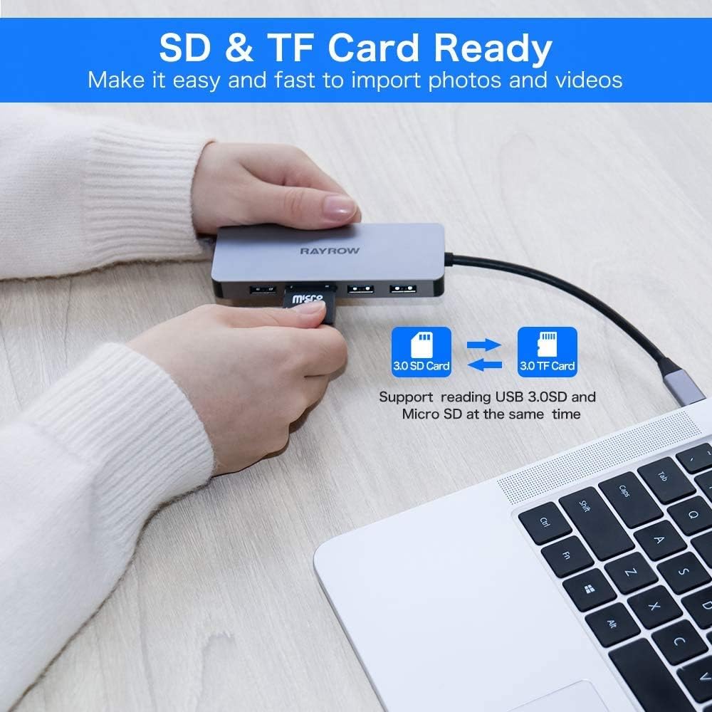 RAYROW USB C Hub, 6-in-1 USB C Adapter for MacBook Pro/Air 2020/2019/2018 with 4K USB-C to HDMI, 3 USB 3.0 Ports and SD/TF Card Reader for Galaxy Note 10 S10 S9 S8, Chromebook, XPS: Computers & Accessories
