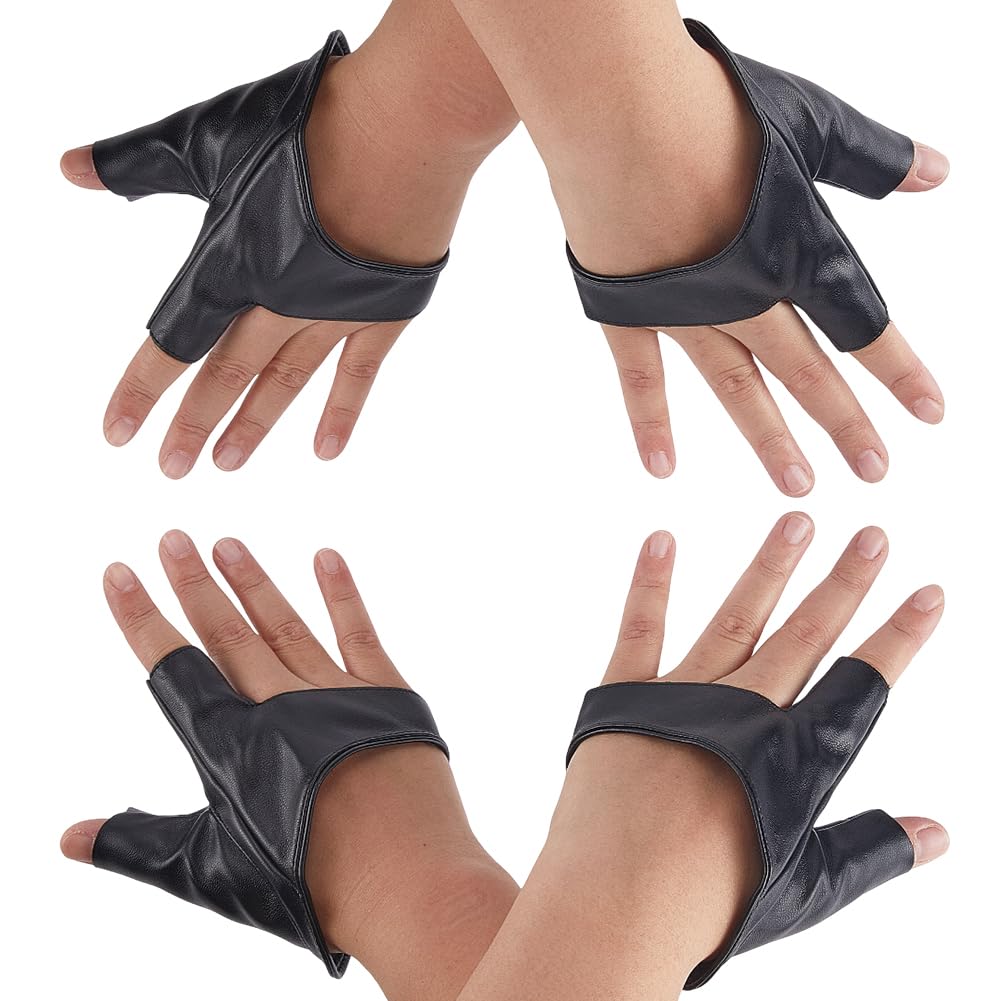CABODYALS 2 Pairs Black Imitation Leather Half Finger Gloves Punk Fingerless Gothic Vintage Dancing Glove Rock Stage Mittens for Women Driving Cycling Sports Cosplay Performance Party Birthday