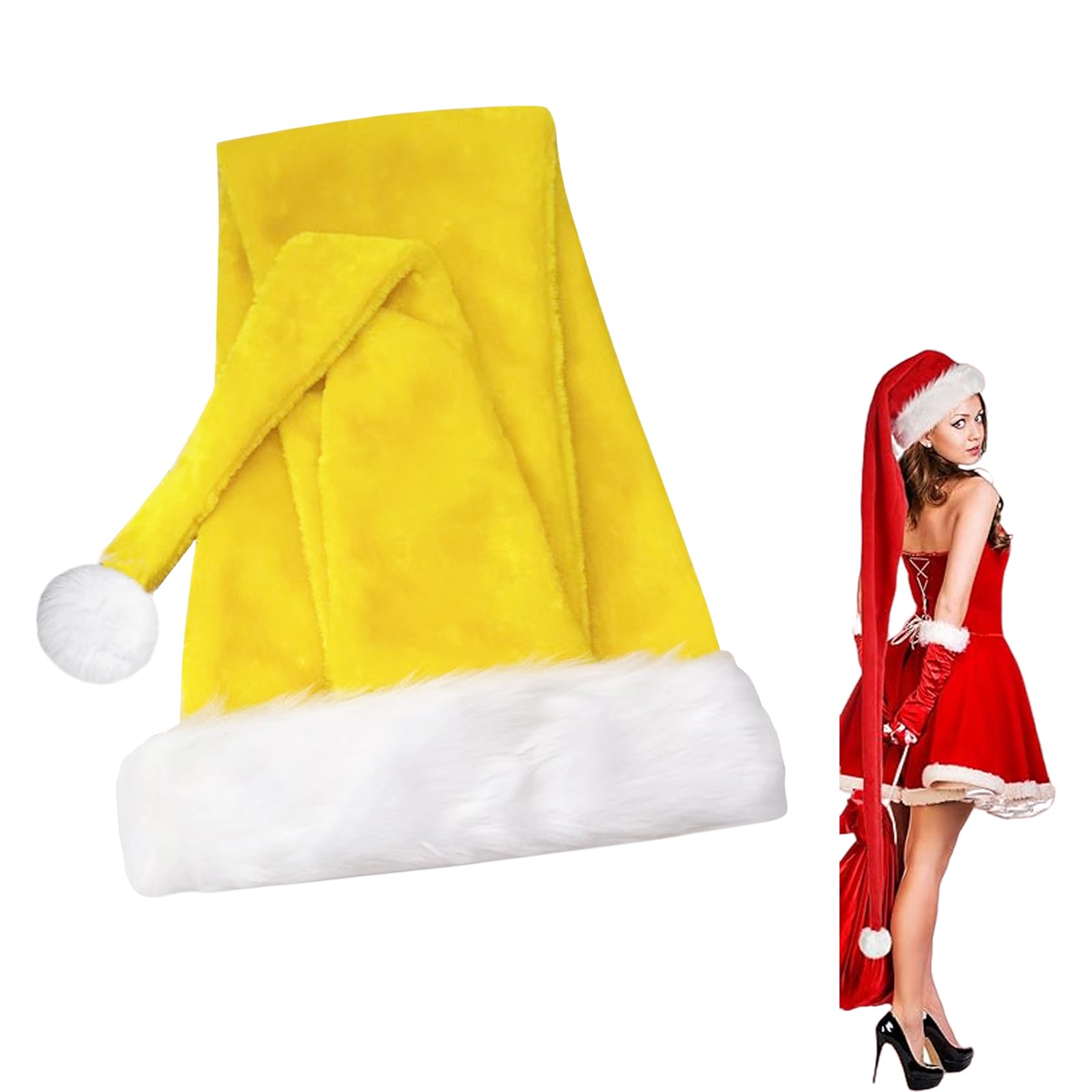 Extra Long Yellow Santa Hat 30 * 150cm for Kids, Adults - Classic Xmas Plush Santa Claus Costume - Unisex Velvet Father Christmas Cap for New Year Party