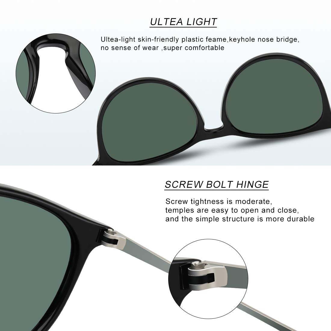 WOWSUN Polarized Sunglasses Women Vintage Retro Round Mirrored Lens Black Green