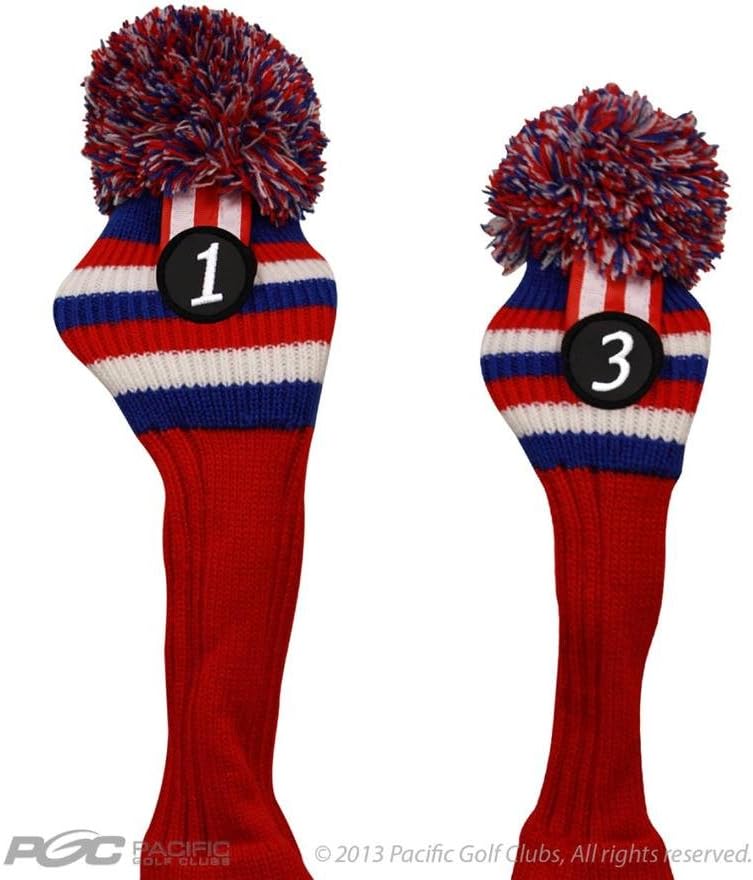 Pacific Golf ClubsHead Covers 1 3 Red White and Blue Knit Retro Old School Vintage Stripe Pom Pom Throwback Classic
