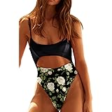 QINSEN Womens Scoop Neck Cutout Front Ruched Back High Cut Monokini One Piece Swimsuit