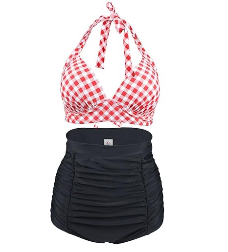 Laorchid Rockabilly 1950s Damen Hohe Taillen Badeanzug Bikini Neckholder Bügellos Kariert