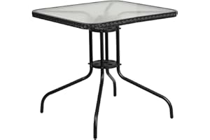 Flash Furniture Barker 28'' Square Tempered Glass Metal Table with Black Rattan Edging