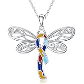 AOBOCO 925 Sterling Silver Butterfly/Dragonfly/Angel Wing/Cross Autism Awareness Necklace Autistic Colorful Puzzle Piece Necklace Autism Awareness Jewelry Gifts