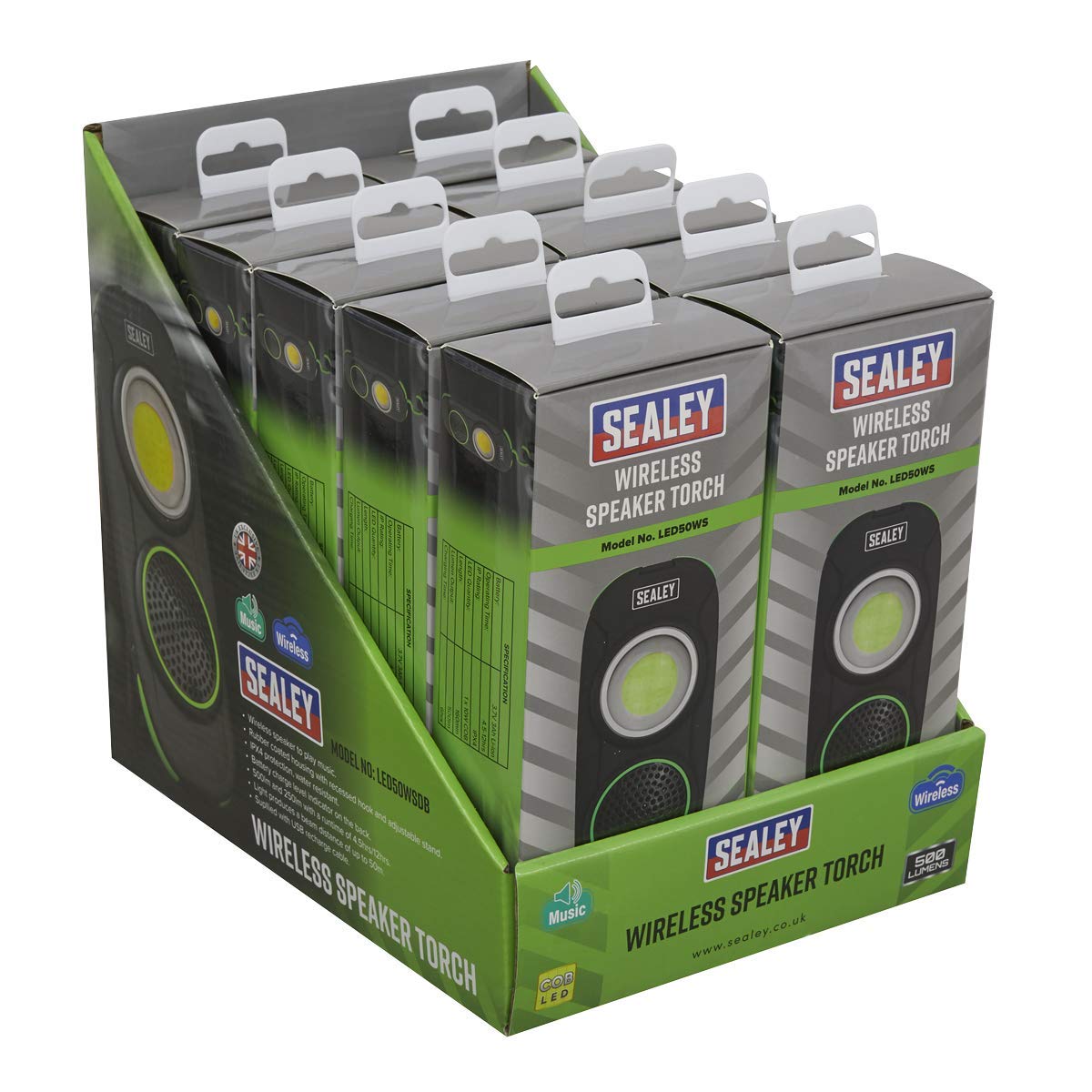 Sealey LED50WSDB 10W Cob LED Rechargeable Torch with Wireless Speaker - Display Box of 10
