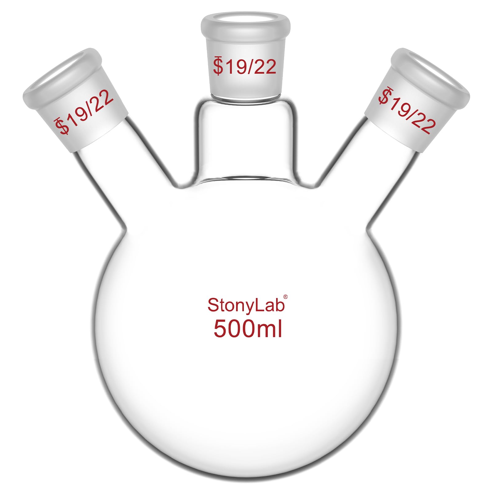stonylab Borosilicate Glass Heavy Wall 3 Neck Round Bottom Flask RBF, with 19/22 Center and Side Standard Taper Outer Joint, 500 mL
