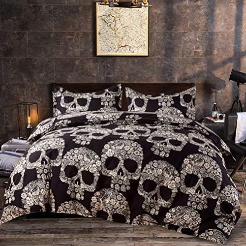 ZMZKK Skull Bedding Set Full 200x230cm Duvet Cover Set 3pcs with 2 Pillow Shams Microfiber, Black