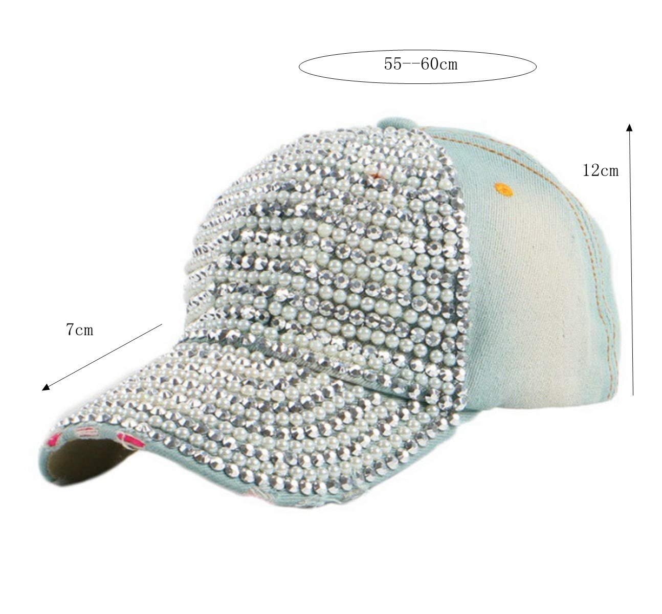 OBERORA Women\'s Rhinestone Denim Pearl Crown Baseball Caps Studded Bling Ponytail Sun Hat Adjustable