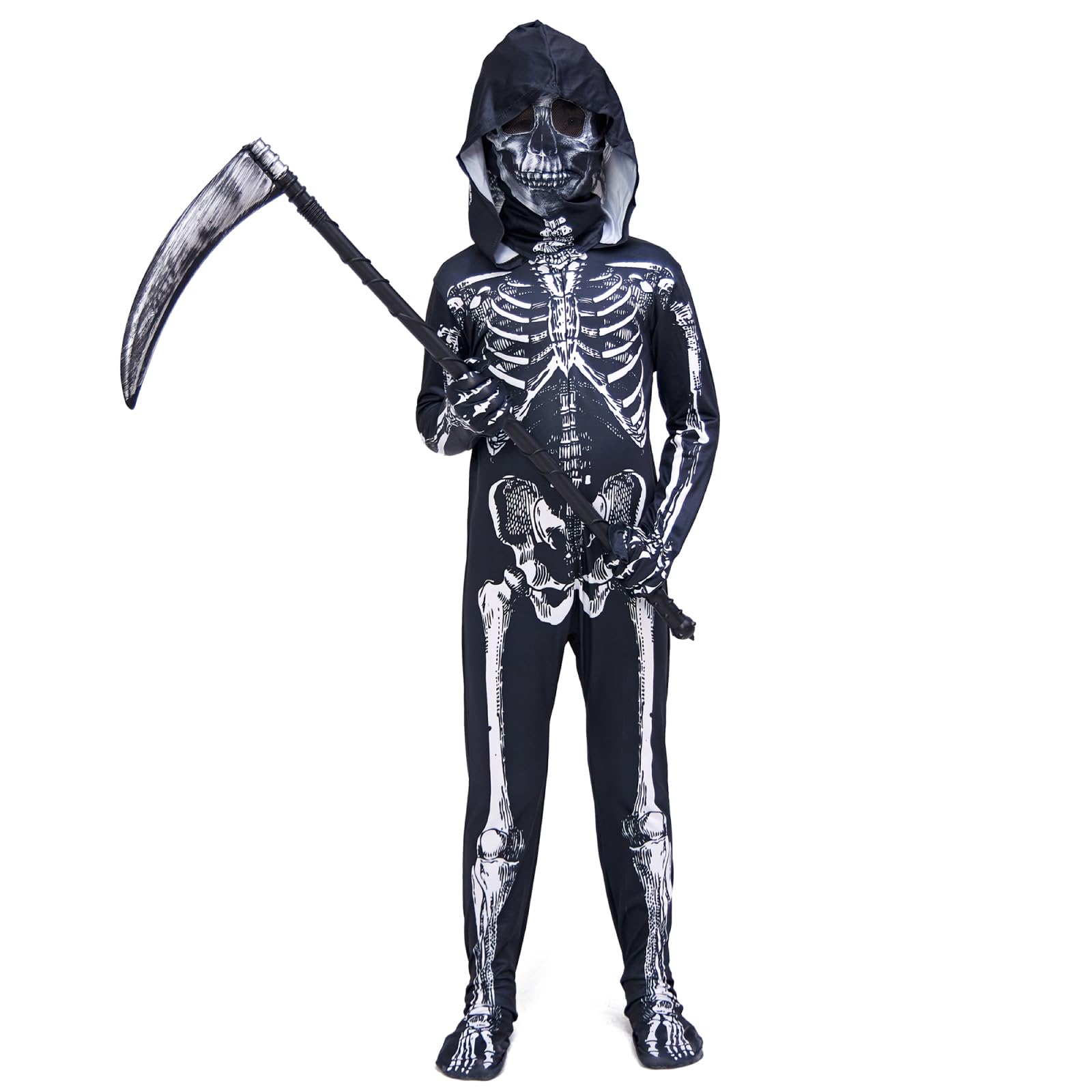 ZUCOS Unisex Children's 3D Skeleton Jumpsuit, Bone Halloween Costume, Full Body Suit with Mask and Sickle (Black, 4-6 Years)