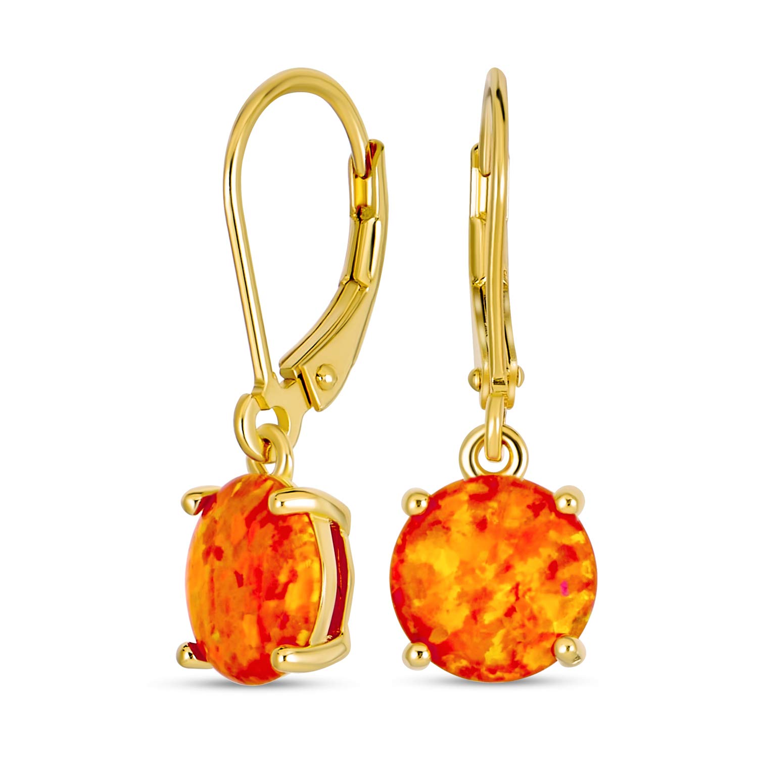 Simple Round Solitaire Orange Created Mexican Created Opal Lever back Drop Earrings 14K Gold Plated .925 Sterling Silver — image 1