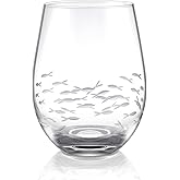 Joeyan Etched Stemless Wine Glasses,Hand Blown Drinking Glass Cups Wine Tumbler with Fish School Patterns,Carved Large Cocktail Whiskey Glasses,Gift for Party Wedding,17.5 oz,Dishwasher Safe