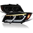Spec-D Tuning Black Smoke Dual Projector Headlights with 3D LED Tube and Startup Animation Compatible with 2006-2011 BMW 3-Series E90 Sedan/E91 Wagon, Left + Right Pair Headlamps Assembly