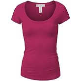 Active Basic Womens Plain Basic Deep Scoop Neck with Cap Short Sleeves - Fuschia - Small