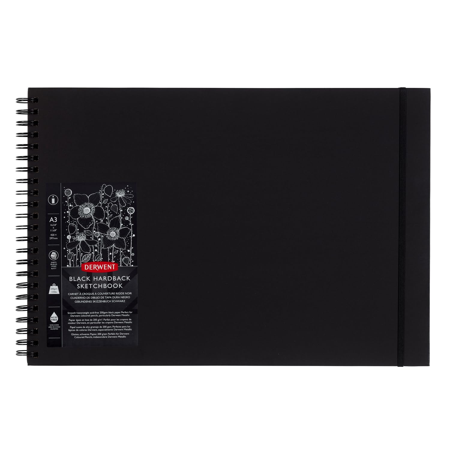 Derwent Black Paper Sketch Book A3 Landscape, Drawing & Writing, 40 Sheets, Acid-Free Paper, Wirebound Spine, Professional Quality, Black Book, 2300381 — image 1