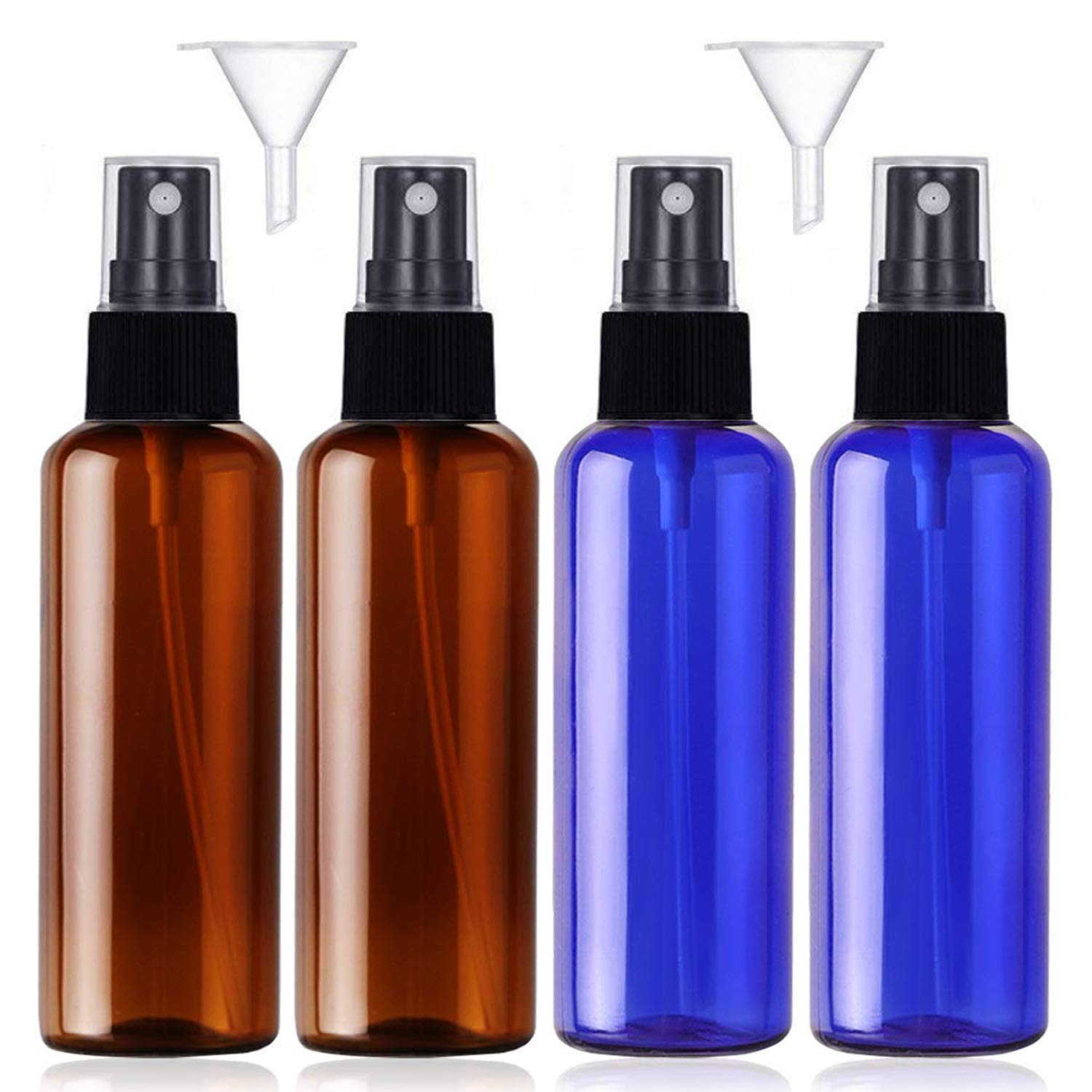 JamHooDirect 4Pcs, 100ml Spray Bottle Empty Plastic Fine Mist Travel Atomiser Set with 2 Funnels & 12 Stickers - Refillable & Reusable Bottle Toiletries Liquid Containers for Cosmetic Make-up