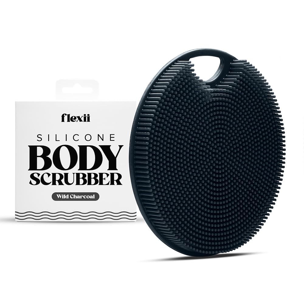flexii® Silicone Body Scrubber - Premium Body Brush for Sensitive Skin, Gentle Body Exfoliator & Shower Scrubber, Exfoliating Silicone Loofah for Men & Women - Charcoal