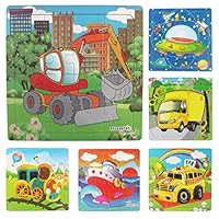 Muxihosn Wooden Jigsaw Puzzles with Storage Tray Vehicle Set Kids Toys Preschool Educate Learning Game for 3-5 Years Old Child,Boys,Girls,6pcs(Truck,Train,UFO,Excavator,Steamship,School Bus)