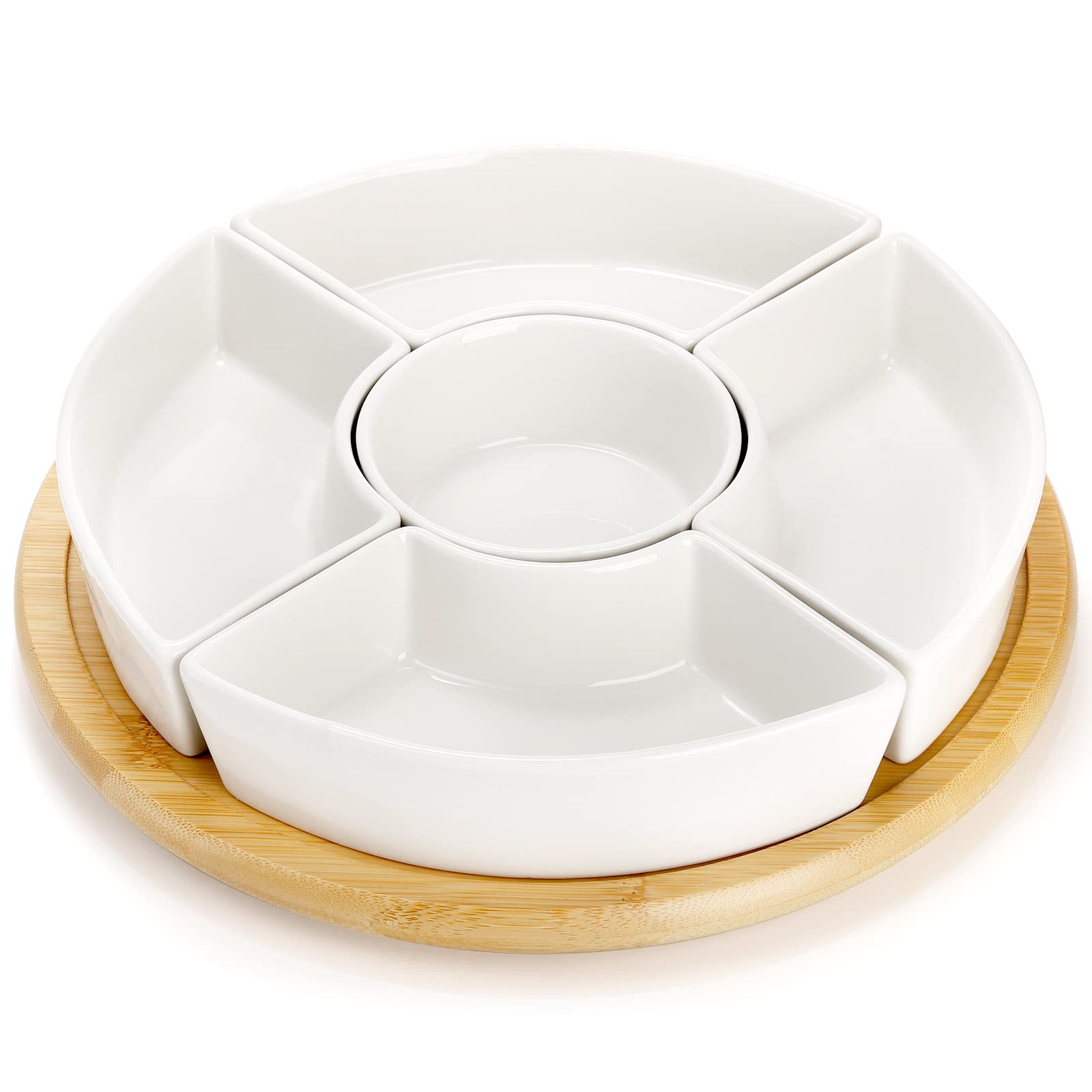 Photo 1 of Lyellfe Divided Serving Dish Lazy Susan, 360° Rotatable Porcelain Appetizer Snack Tray Platter for Fruit, Veggies, Candy, Relish Tray for Christmas Thanksgiving Party, 5 Removable Compartment, White