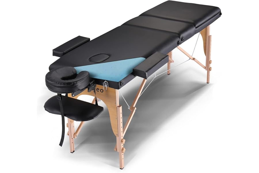 Portable Massage Table Massage Bed Professional SPA Reiki Eyelash Salon Bed, Wooden Frame Height Adjustment & Accessories, Black (3-Section)