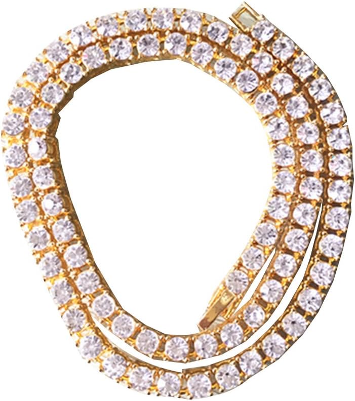 1 Row Mens Womens Hiphop Necklace Chain Iced Out Crystal Bling Link 50cm (Gold)