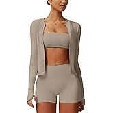 AGYMNX Workout Sets for Women 3 Piece High Waisted Seamless Shorts UPF 50+ Long Sleeve Jacket Stretchy Sports Bra Sets