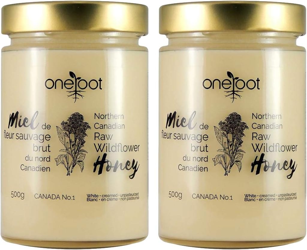 Oneroot Raw Honey, 100% Pure Natural Honey From Canada North in Glass Jar, 17.6oz/500g (Wildflower, 2 Pack)