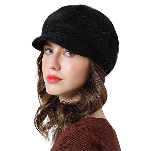 Lachi Ladies Winter Hat Beret Winter Hat for Women Knit Beanie Cabbie Cap Visor Warm Skullcap Knitted Ladies Cloche Black