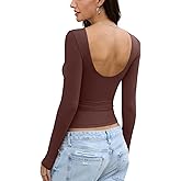 Womens Backless Double Lined Top Long Sleeve Y2K Going Out Top Sexy Open Back Boat Neck Shirt Slim Fit Spring Fall Tee