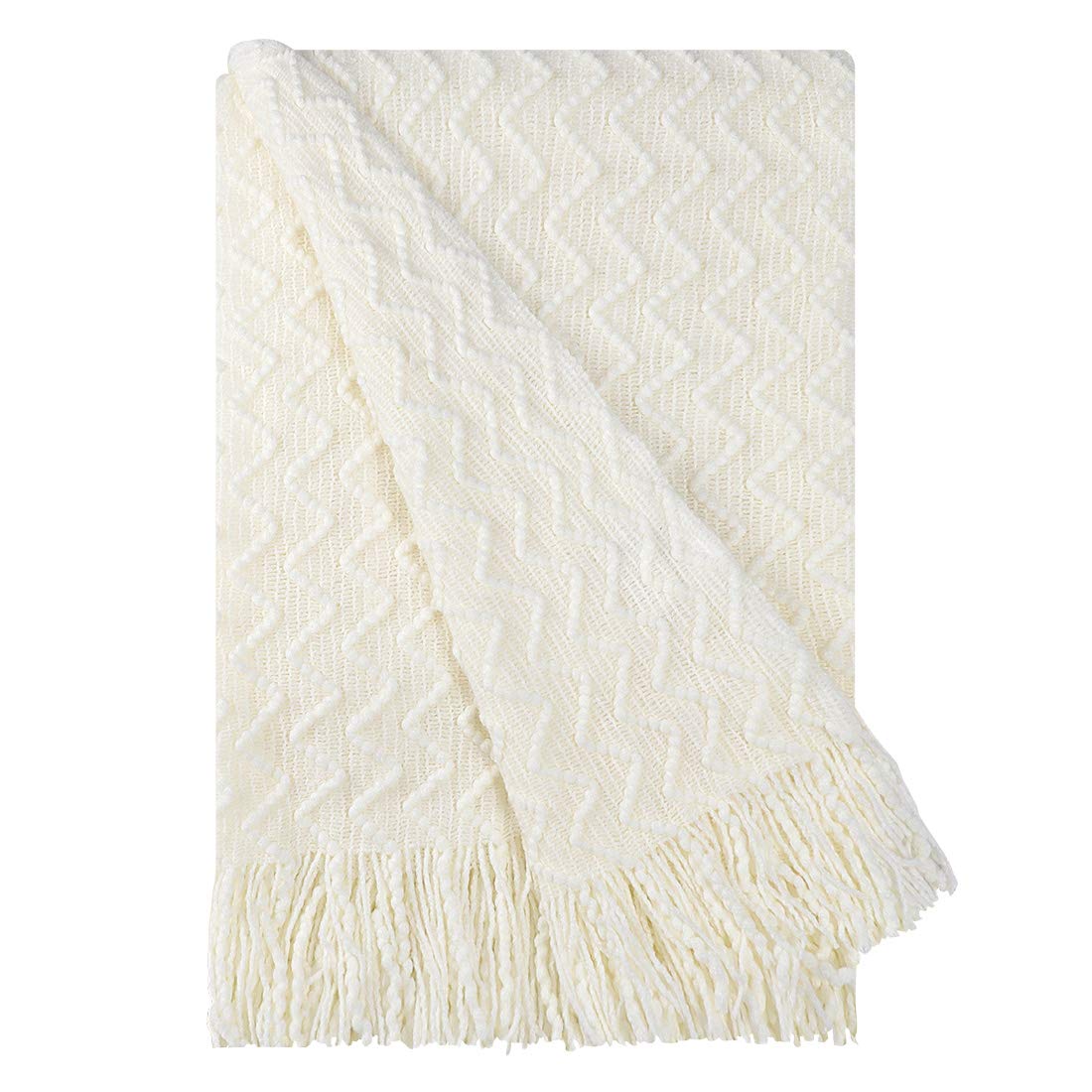PiccoCasa 100% Acrylic Knit Throw Blanket Wave Pattern Soft Lightweight Decorative Knitted Blanket with Tassels Fringe for Couch, Bed, Sofa, Travel, 50x60 Inch, Cream White