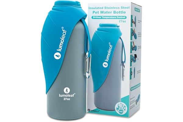 LumoLeaf Insulated Dog Water Bottle 27 oz Stainless Steel - Keep Water Cool or Warm, Portable Pet Water Bowl for Travel, Wide