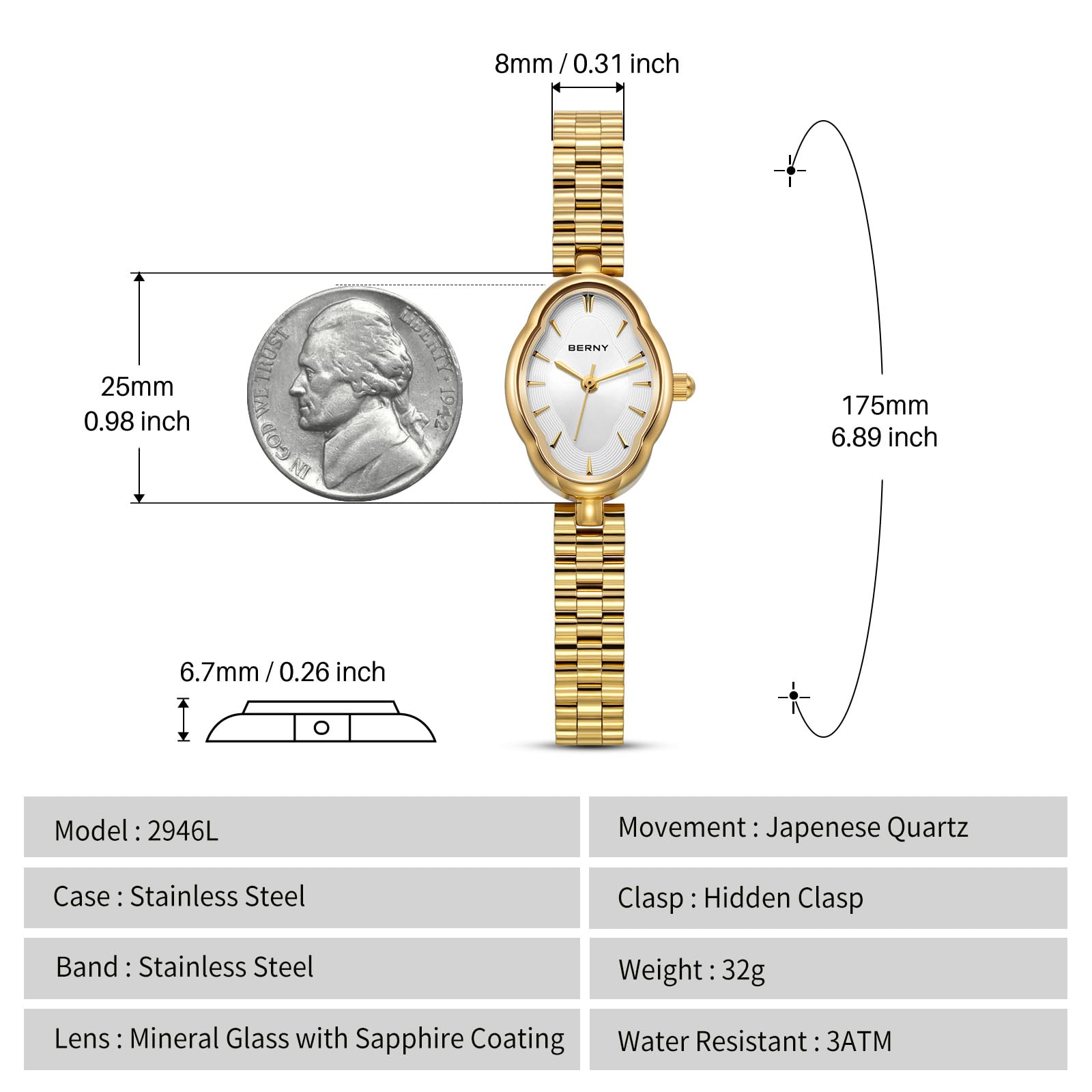 BERNY Gold Watches for Women Dainty Ladies Quartz Watch Vintage Copper Mirrors Shape Japanese Quartz Movement 3ATM Waterproof Fashion Female Wrist Watch Luxury Birthday Gifts