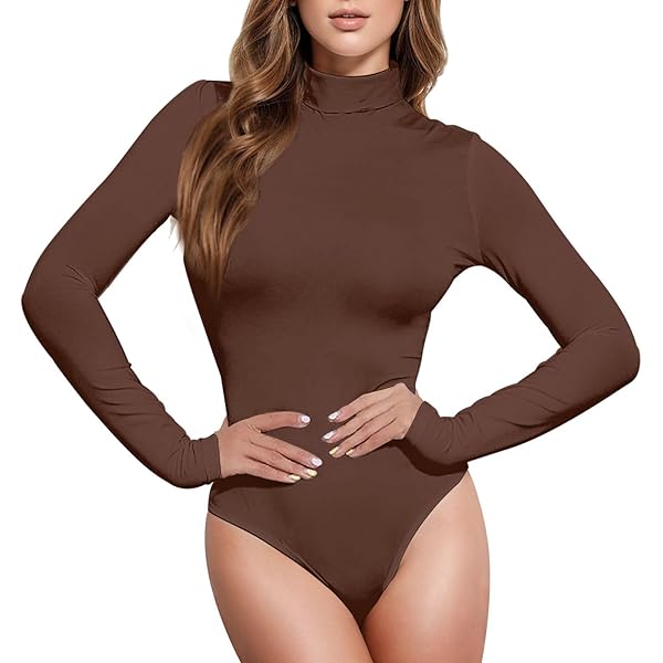 JUNZAN Autumn Brown Bodysuit Tops for Women High-Neck Snap Leotard