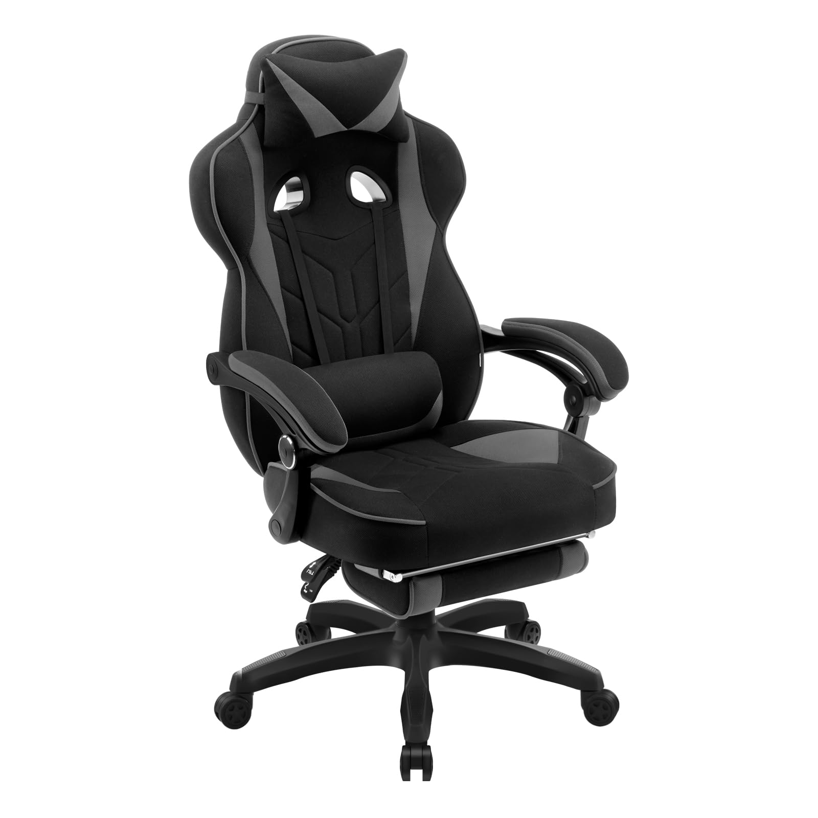 WOLTU Gaming Stuhl Stoff Stoff Kühl im Sommer Ergonomischer, 150 kg Belastbarkeit Verstellbarer Rückenlehne, Ergonomische Lendenstütze, Fußstütze, Büro- & Game-Sessel, Schwarz+Grau 2