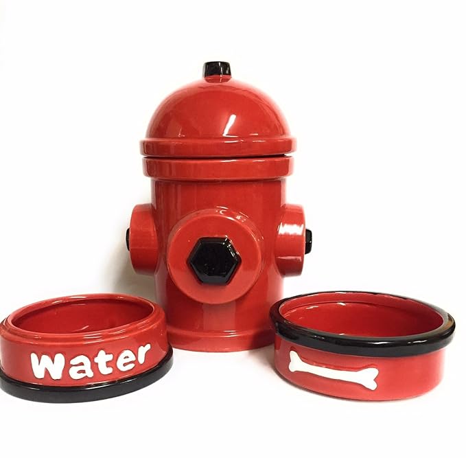 Tristar Hydrant Dog Feeding Station Storage 4 Pc Ceramic Bowl