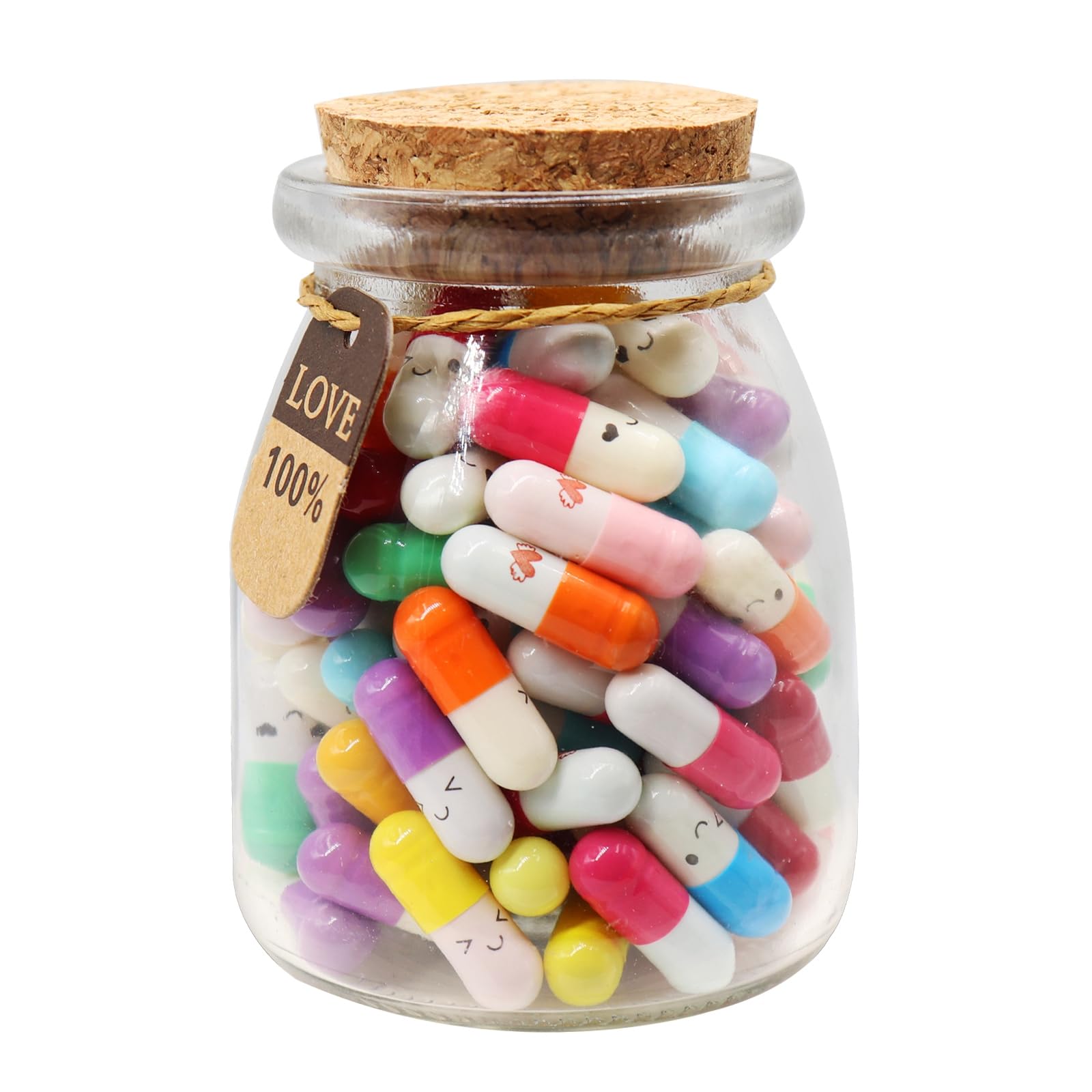 Mczcent 100Pcs Capsule Letters Message in a Glass Bottles, Cute Smiling Face Love Friendship Letter Color Pill with Wishing Bottle, Message Pills for Boys Girls Friends