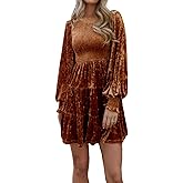 R.Vivimos Women's Fall Winter Crushed Velvet Dress Long Sleeve Crew Neck Elastic Smocked A-Line Tiered Ruffle Mini Dress