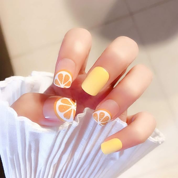 Amazon Com Abien Glossy Cute Press On Nails Yellow Short Fake Nails Square Artificial False Nail For Women And Girls 24pcs Beauty