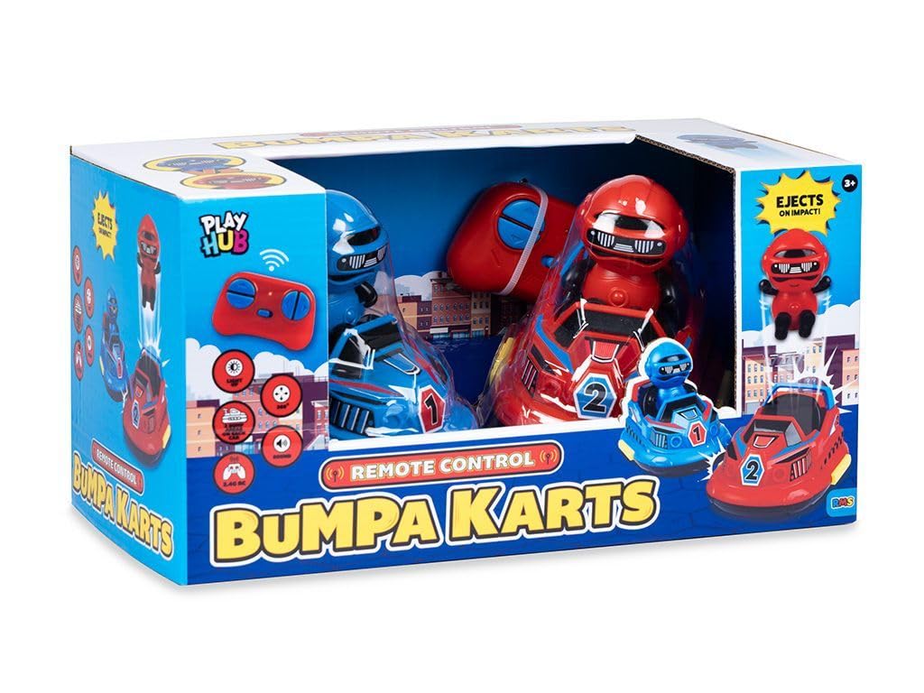 Remote Control Bumpa Karts Set of 2 – Red & Blue Team RC Bumper Cars with Ejecting Riders, 360° Control, Dual Remotes, Impact Bump Zones, Kids Battle Toy Game for Ages 3+