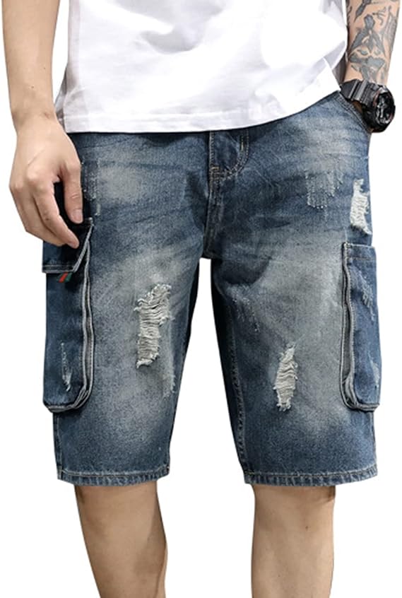 Amazon デニムパンツ ショートパンツ ジーンズ メンズ ハーフ ズボン ボトム カーゴパンツ 耐摩耗性 街着 トレンド感 街着 レジャー ゆったり マルチポケット ダメージ加工 5分丈 前開きジッパー作業着 カジュアルパンツ 男性 ショートパンツ 通販