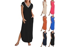 Tupenty Women's 2024 Summer Short Sleeve Maxi Dress V Neck Split Loose Casual Beach Long Dress Vacation Sundress with Pockets
